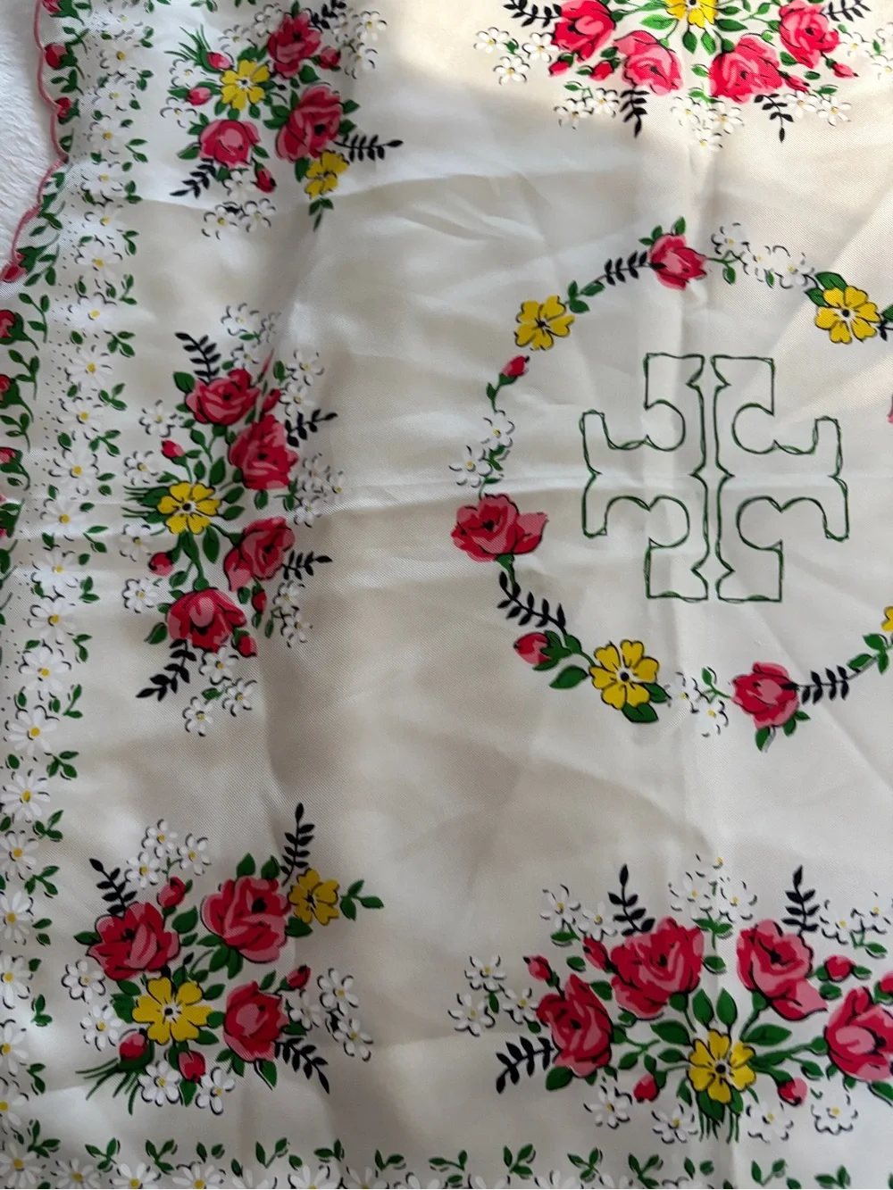 Tory Burch Neckerchief  Floral Square Scarf - Cream with Pink & Yellow Roses